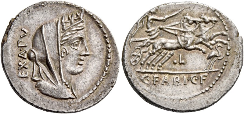 C. Fabius C.f. Hadrianus. Denarius 102, AR 3.98 g. Turreted and veiled bust of C...