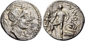 C. Poblicius Malleolus. Denarius 96 (?), AR 3.74 g. Helmeted head of Mars r.; above, hammer and below chin, *. Rev. C·MAL Naked warrior standing l., h...
