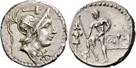 C. Poblicius Malleolus. Denarius 94, AR 3.96 g. Helmeted head of Mars r.; above, hammer. Below chin, *. Rev. Naked warrior standing l., holding spear ...