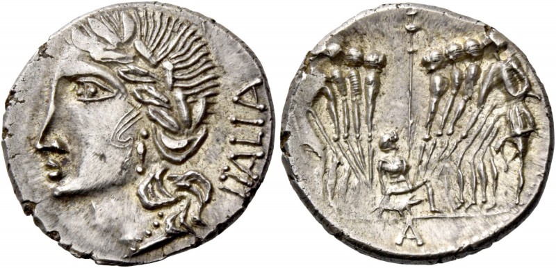 The Bellum Sociale. Denarius, Corfinium circa 90, AR 3.92 g. Laureate head of It...