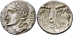 The Bellum Sociale. Denarius, Corfinium circa 90, AR 3.92 g. Laureate head of Italia l.; behind, ITALIA. Rev. Oath-taking scene: Eight soldiers, four ...