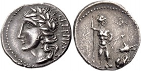 The Bellum Sociale. Denarius, Bovianum (?) circa 89 (?), AR 3.82 g. Laureate head of Italia l.; behind, viteliú retrograde in Oscan characters. Rev. S...