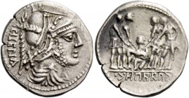 The Bellum Sociale. Denarius, mint moving with C. Paapius (in Campania?) circa 90, AR 3.89 g. Helmeted and draped bust of Mars r., bowl decorated with...