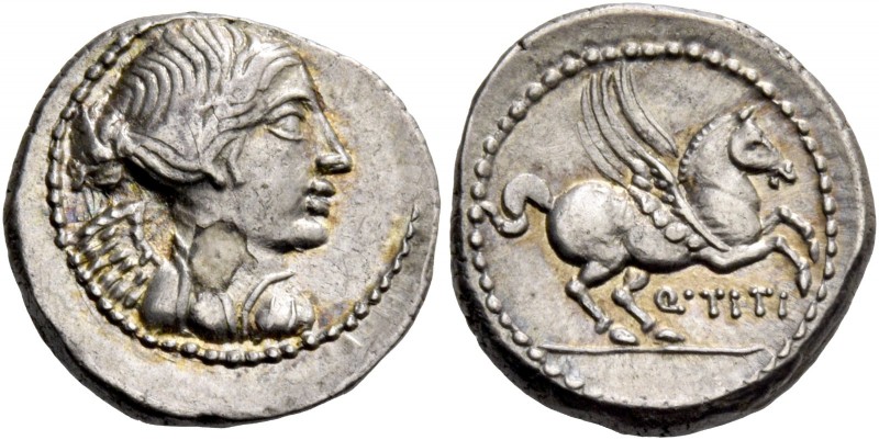 Q. Titius. Quinarius 90, AR 2.09 g. Draped bust of Victory r. Rev. Pegasus pranc...