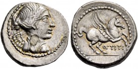 Q. Titius. Quinarius 90, AR 2.09 g. Draped bust of Victory r. Rev. Pegasus prancing r.; below, Q·TITI. Babelon Titia 3. Sydenham 693. RBW 1276. Crawfo...