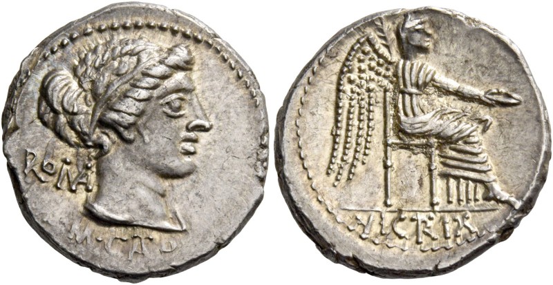 M. Cato. Denarius 89, AR 3.93 g. Diademed and draped female bust r., behind, ROM...