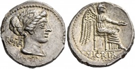 M. Cato. Denarius 89, AR 3.93 g. Diademed and draped female bust r., behind, ROMA and below neck truncation, M CATO. Rev. Victory seated r., holding p...