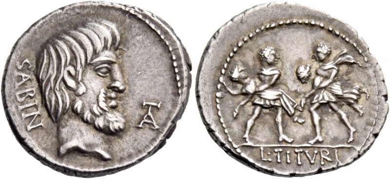 L. Titurius L.f. Sabinus. Denarius 89, AR 3.80 g. SABIN Head of King Tatius r.; ...