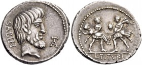 L. Titurius L.f. Sabinus. Denarius 89, AR 3.80 g. SABIN Head of King Tatius r.; before, TA ligate. Rev. Rape of the Sabine women; in exergue, L·TITVRI...