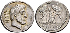 L. Tituri L. f. Sabinus. Denarius 89, AR 3.98 g. SABIN Head of King Tatius r.; below chin, palm. Rev. Tarpeia stands facing between two soldiers, who ...