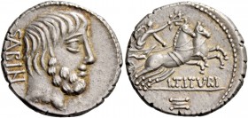 L. Tituri L.f. Sabinus. Denarius 89, AR 370 g. SABIN Head of King Tatius r. Rev. Victory in biga r., holding wreath; below, L·TITVRI and in exergue, Ξ...
