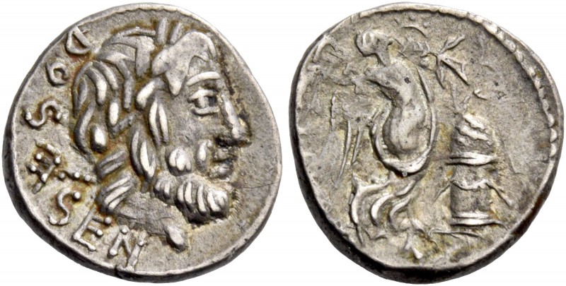 L. Rubrius Dossenus. Quinarius 87, AR 2.02 g. Laureate head of Neptune r., with ...