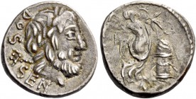 L. Rubrius Dossenus. Quinarius 87, AR 2.02 g. Laureate head of Neptune r., with trident over shoulder; behind, DOSSEN. Rev. Victory standing r., holdi...