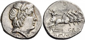 Gar, Ogvl, Ver. Denarius 86, AR 4.16 g. Head of Apollo r., wearing oak wreath; below, thunderbolt. Rev. Jupiter in prancing quadriga r., holding reins...
