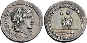 Mn. Fonteius C.f. Denarius 85, AR 3.76 g. Laureate head of Apollo Veiovis r.; below, thunderbolt; behind, MN FONTEI C F; before, monogram. Rev. Winged...