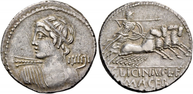 C. Licinius L.f. Macer. Denarius 84, AR 3.60 g. Bust of Apollo seen from behind,...