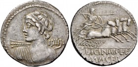 C. Licinius L.f. Macer. Denarius 84, AR 3.60 g. Bust of Apollo seen from behind, with head turned l, holding thunderbolt in r. hand. Rev. Minerva in f...