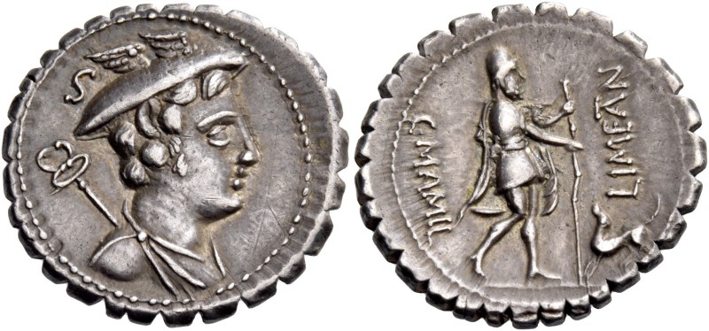 C. Mamilius Limetanus. Denarius serratus 82, AR 4.08 g. Draped bust of Mercury r...