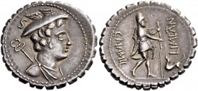 C. Mamilius Limetanus. Denarius serratus 82, AR 4.08 g. Draped bust of Mercury r., wearing winged petasus; caduceus over l. shoulder; above, S. Rev. C...