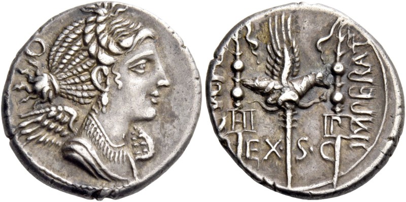 C. Valerius Flaccus. Denarius 82, AR 4.13 g. Draped bust of Victory r.; behind, ...