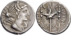 C. Valerius Flaccus. Denarius 82, AR 4.13 g. Draped bust of Victory r.; behind, O. Rev. [C·VAL·FLA] – IMPERAT Legionary eagle between two standards in...