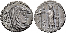 A. Postumius Albinus. Denarius serratus 81, AR 3.94 g. HISPAN Veiled head of Hispania r. Rev. A – POST·A·F – ·S·N – ALBIN Togate figure standing l., r...