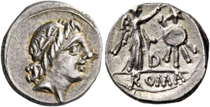 Anonymous. Quinarius, uncertain mint 81, AR 1.83 g. Laureate head of Apollo r. R...