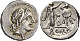 Anonymous. Quinarius, uncertain mint 81, AR 1.83 g. Laureate head of Apollo r. Rev. Victory standing r., crowning trophy; in between, D. In exergue, R...