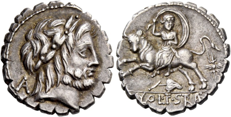 L. Volteius L.f. Strabo. Denarius serratus 81, AR 3.90 g. Laureate head of Jupit...