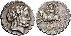 L. Volteius L.f. Strabo. Denarius serratus 81, AR 3.90 g. Laureate head of Jupiter r.; behind, A. Rev. Europa seated on bull charging l.; behind, wing...