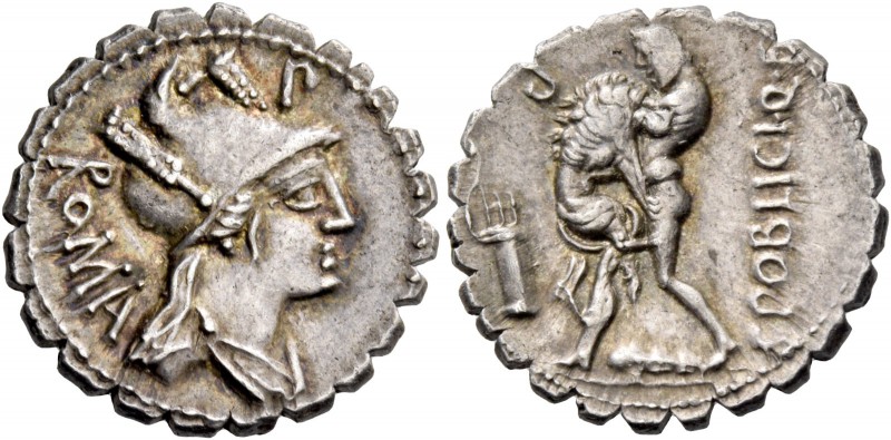 C. Poblicius Q. f. Denarius serratus, Roma 80, AR 4.00 g. Helmeted and draped bu...