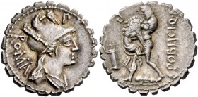 C. Poblicius Q. f. Denarius serratus, Roma 80, AR 4.00 g. Helmeted and draped bust of Roma r.; behind, ROMA and above, P. Rev. Hercules strangling the...