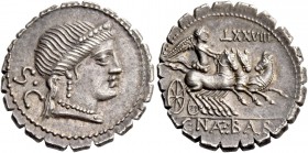 C. Naevius Balbus. Denarius serratus 80, AR 3.70 g. Diademed head of Venus r.; behind, S·C. Rev. Victory in prancing triga r.; above, TXXVIII and in e...