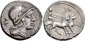 M. Volteius M.f. Denarius, Roma 78, AR 3.90 g. Draped male bust r., wearing laureate helmet; behind, owl. Rev. Cybele in biga of lions r., holding rei...