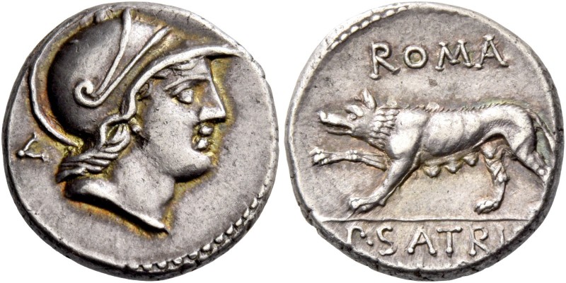 P. Satrienus. Denarius 77, AR 3.96 g. Helmeted head of Roma r.; behind, V. Rev. ...