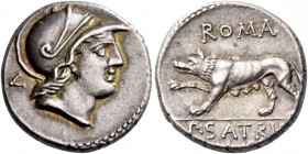 P. Satrienus. Denarius 77, AR 3.96 g. Helmeted head of Roma r.; behind, V. Rev. ROMA She wolf l., r. forepaw raised; in exergue, P·SATRIE / NVS. Babel...