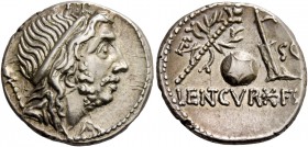 Cn. Cornelius Lentulus. Denarius, Spain (?) 76-75, AR 3.92 g. Draped bust of the Genius Populi Romani r., hair tied with band and sceptre over shoulde...