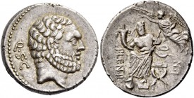 P. Cornelius Lentulus Spinther. Denarius 74, AR 3.82 g. Bearded head of Hercules r.; behind, Q·S·C. Rev. Genius of the Roman people seated facing on c...