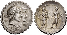 Q. Fufius Calenus and Mucius Cordus. Denarius serratus 70, AR 4.08 g. Jugate heads of Honos and Virtus r.; in l. field, HO and in r. field, VIRT. Belo...