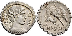 C. Hosidius C.f. Geta. Denarius serratus 68, AR 3.95 g. GETA – III·VIR Draped bust of Diana r., with bow and quiver over shoulder. Rev. Boar r. wounde...
