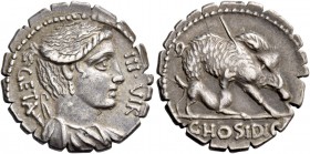 C. Hosidius C.f. Geta. Denarius serratus 68, AR 3.81 g. GETA – III·VIR Draped bust of Diana r., with bow and quiver over shoulder. Rev. Boar r. wounde...