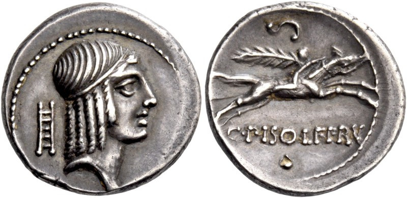 C. Calpurnius L.f. Frugi. Denarius 67, AR 4.06 g. Head of Apollo r., hair bound ...
