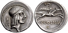 C. Calpurnius L.f. Frugi. Denarius 67, AR 4.06 g. Head of Apollo r., hair bound with fillet; behind, ladder. Rev. Horseman galloping r., wearing conic...