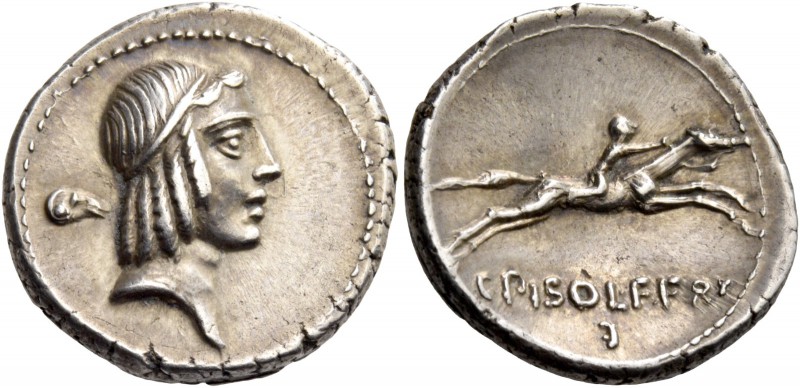 C. Calpurnius L.f. Frugi. Denarius 67, AR 4.02 g. Head of Apollo r., hair bound ...