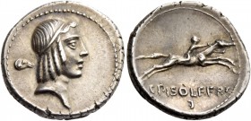 C. Calpurnius L.f. Frugi. Denarius 67, AR 4.02 g. Head of Apollo r., hair bound with fillet; behind, ram’s head. Rev. Horseman galloping r.; below, C·...