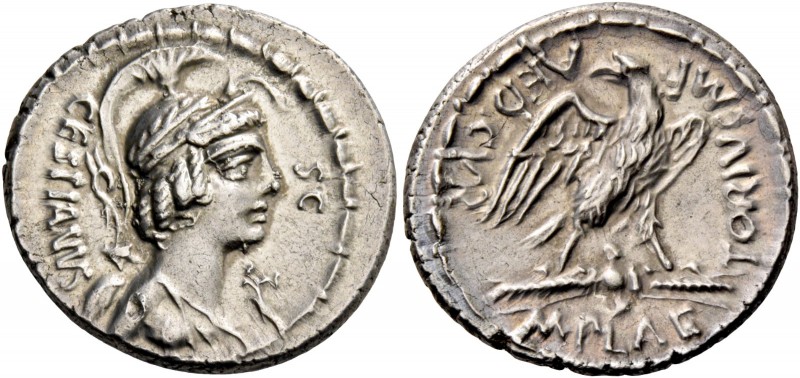 M. Plaetorius M.f. Caestianus. Denarius 67, AR 3.85 g. Bust r. with the attribut...