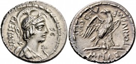 M. Plaetorius M.f. Caestianus. Denarius 67, AR 3.85 g. Bust r. with the attributes of Isis, Minerva, Apollo, Diana and Victory; before, cornucopiae an...