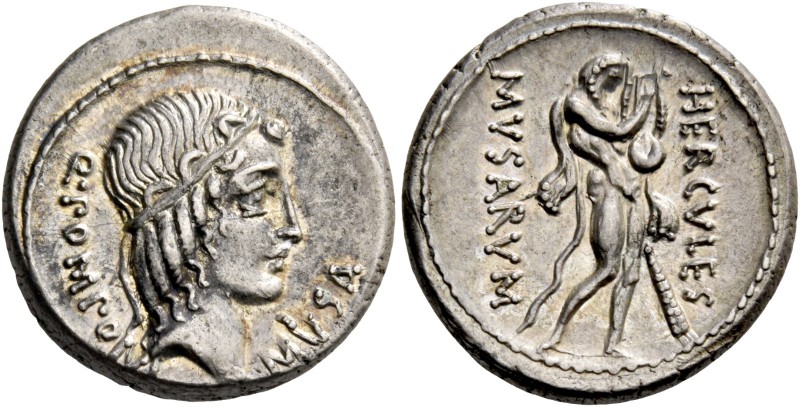 Q. Pomponius Musa. Denarius 66, AR 4.32 g. Q·POMPONI – MVSA Head of Apollo r., h...