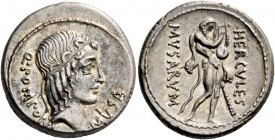 Q. Pomponius Musa. Denarius 66, AR 4.32 g. Q·POMPONI – MVSA Head of Apollo r., hair tied with band. Rev. HERCVLES – MVSARVM Hercules standing r., wear...