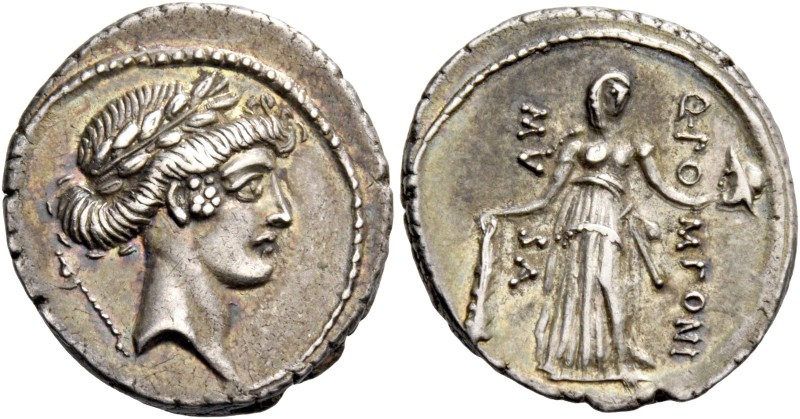 Q. Pomponius Musa. Denarius 66, AR 3.90 g. Laureate head of Apollo r.; behind, s...